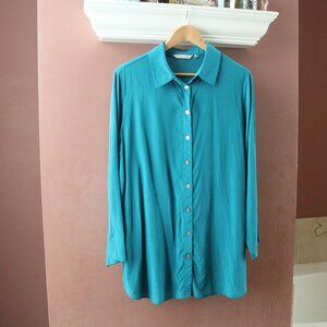 Soft Surroundings Jolene Silk Button Front Shirt Size Large Blue Teal